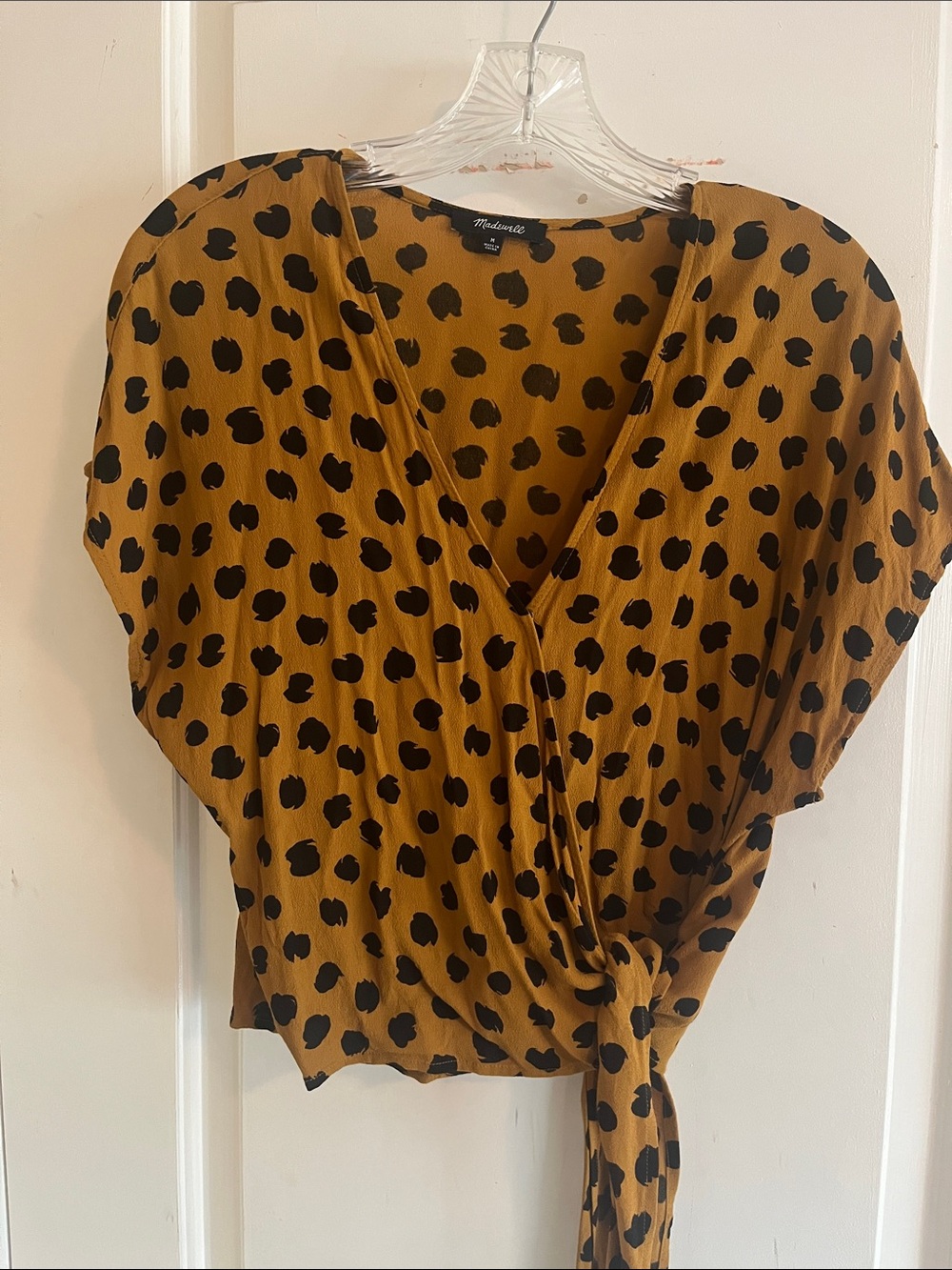 Madewell Mustard Yellow Black Polka-Dot Tie-Front V-Neck Top